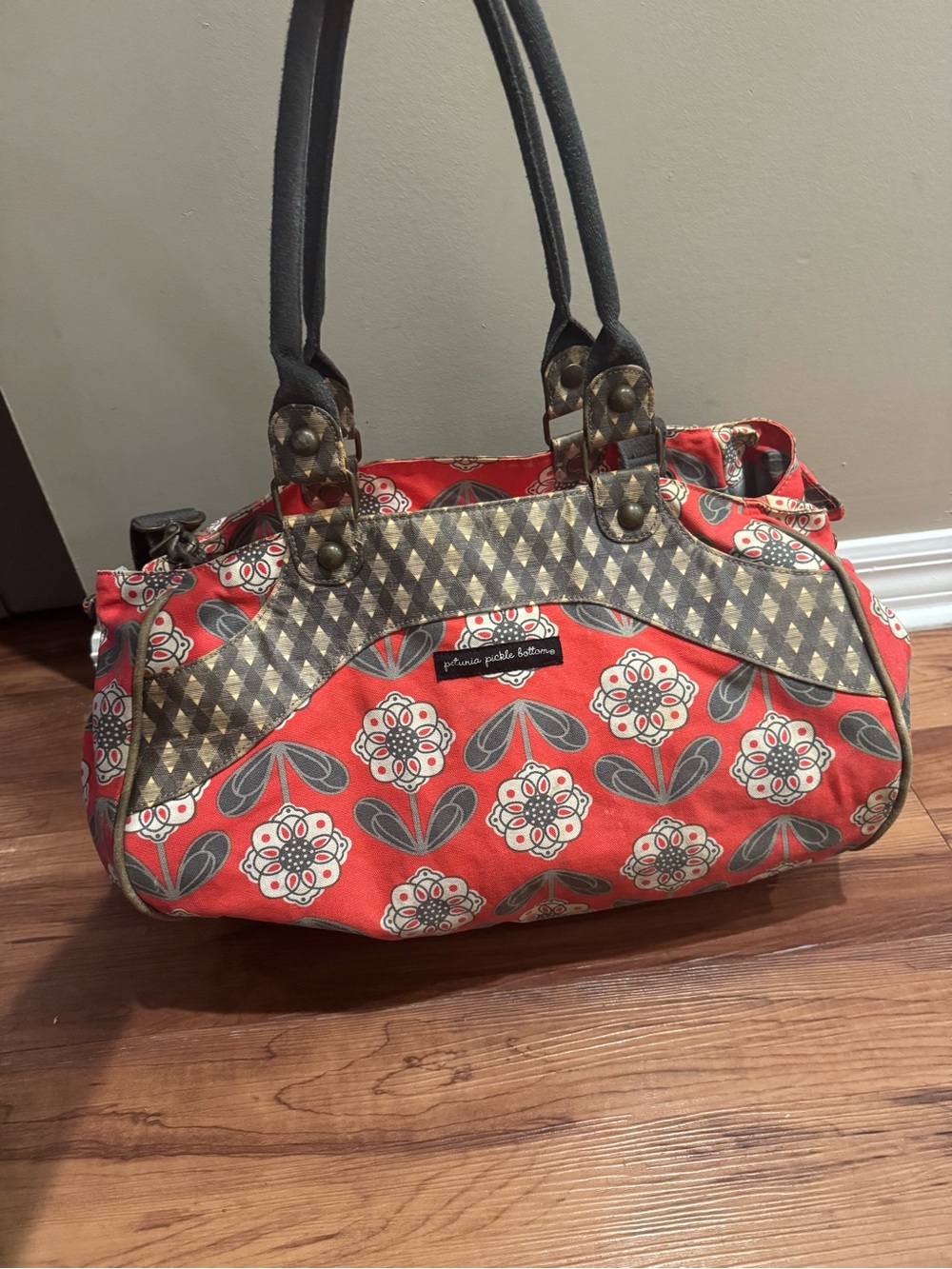 Petunia Pickle Bottom Red Floral Satchel with Gray Diamond Trim